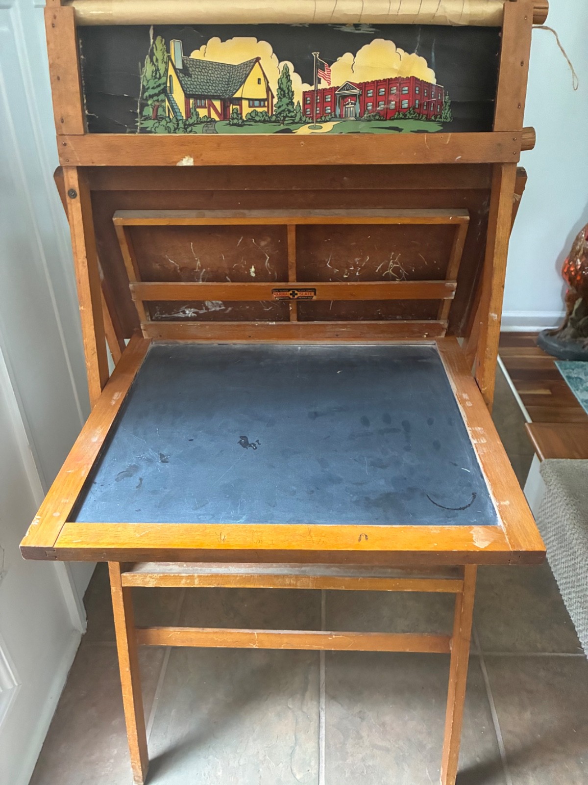 Antique Slate Chalk Board & Scroll Desk Teaching Aid Folding ~ Western New York