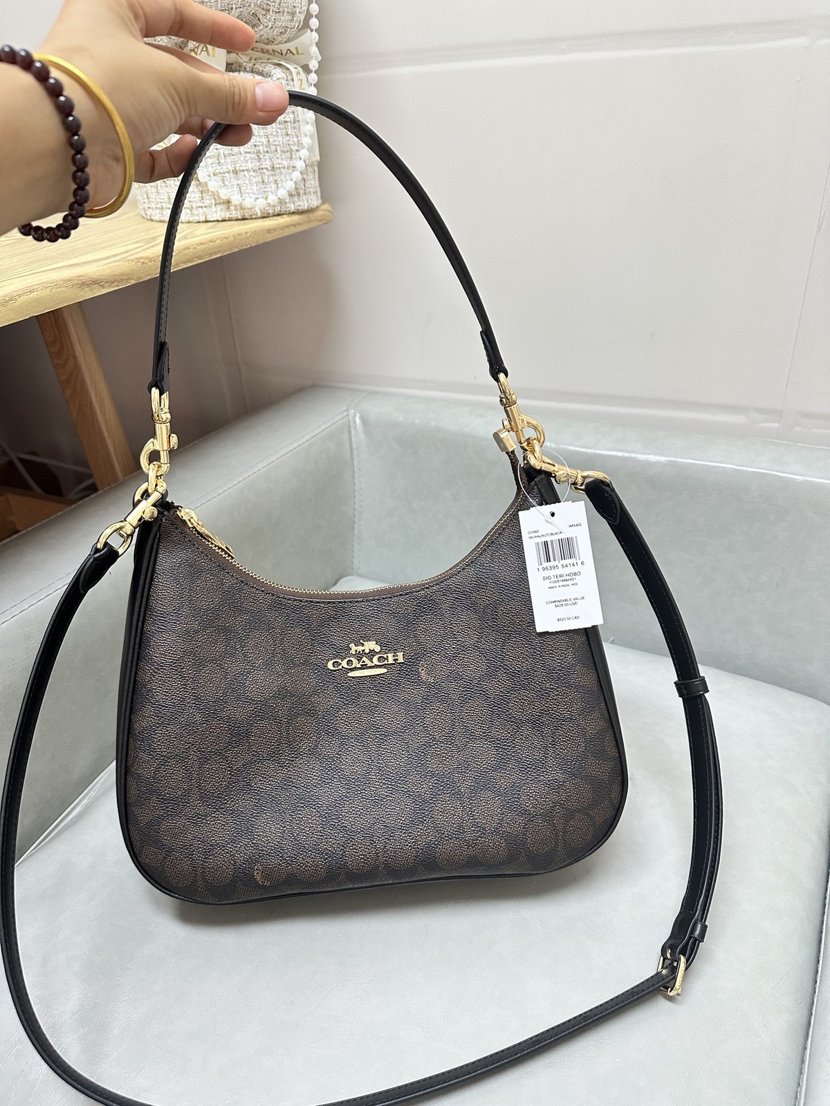 COACH CV940 Teri Hobo Signature Canvas 2Way Shoulder Bag Black/Walnut NEW #ZJ