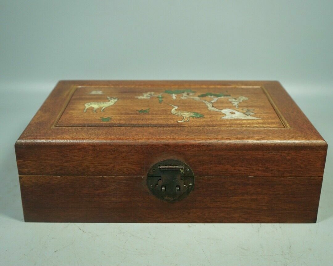 Chinese Natural Rosewood Inlaid shells Handmade Exquisite Bird & Deer Boxes 3220
