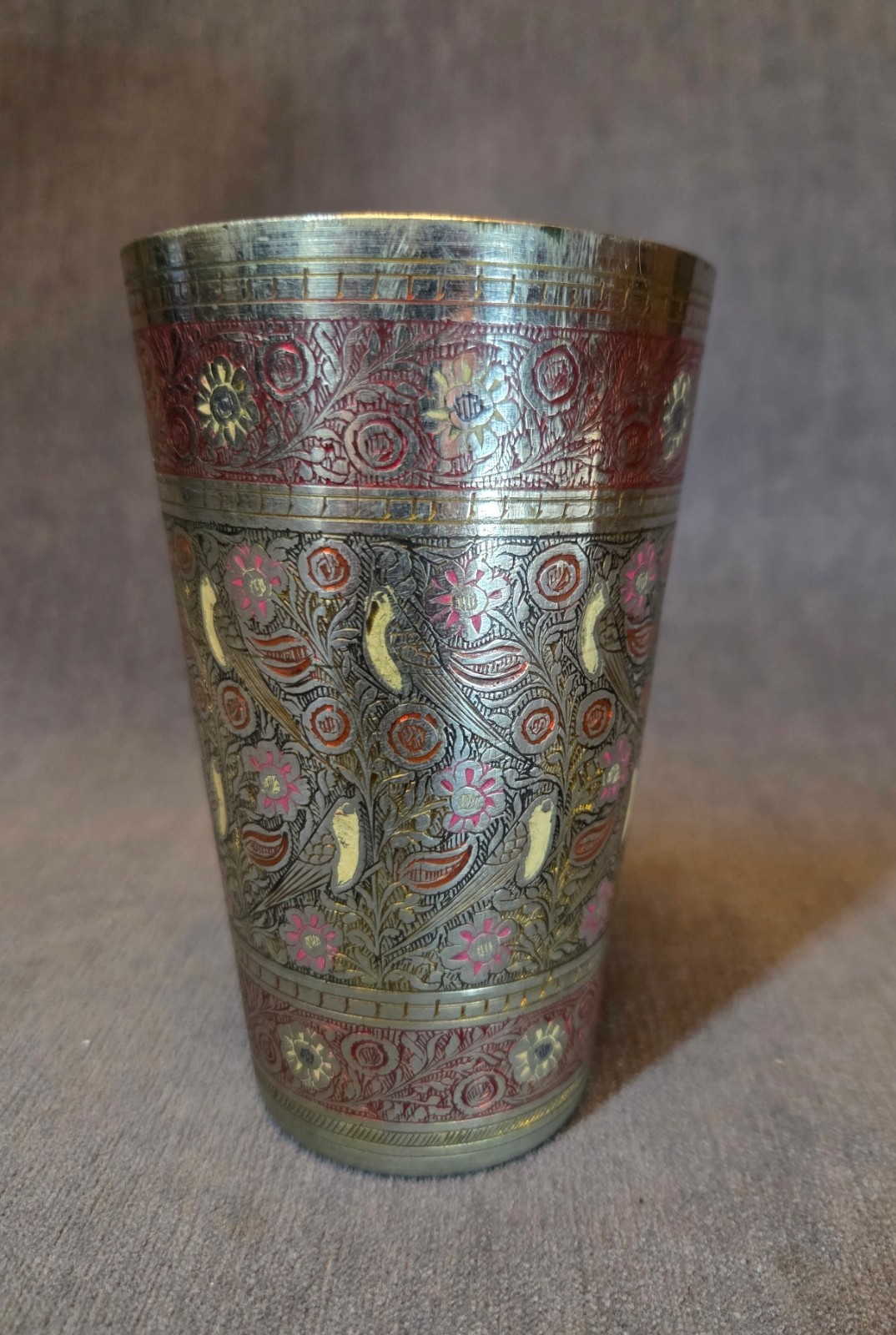 Vintage Indo-Persian Enameled Silver Alloy Beaker with Bird Decoration