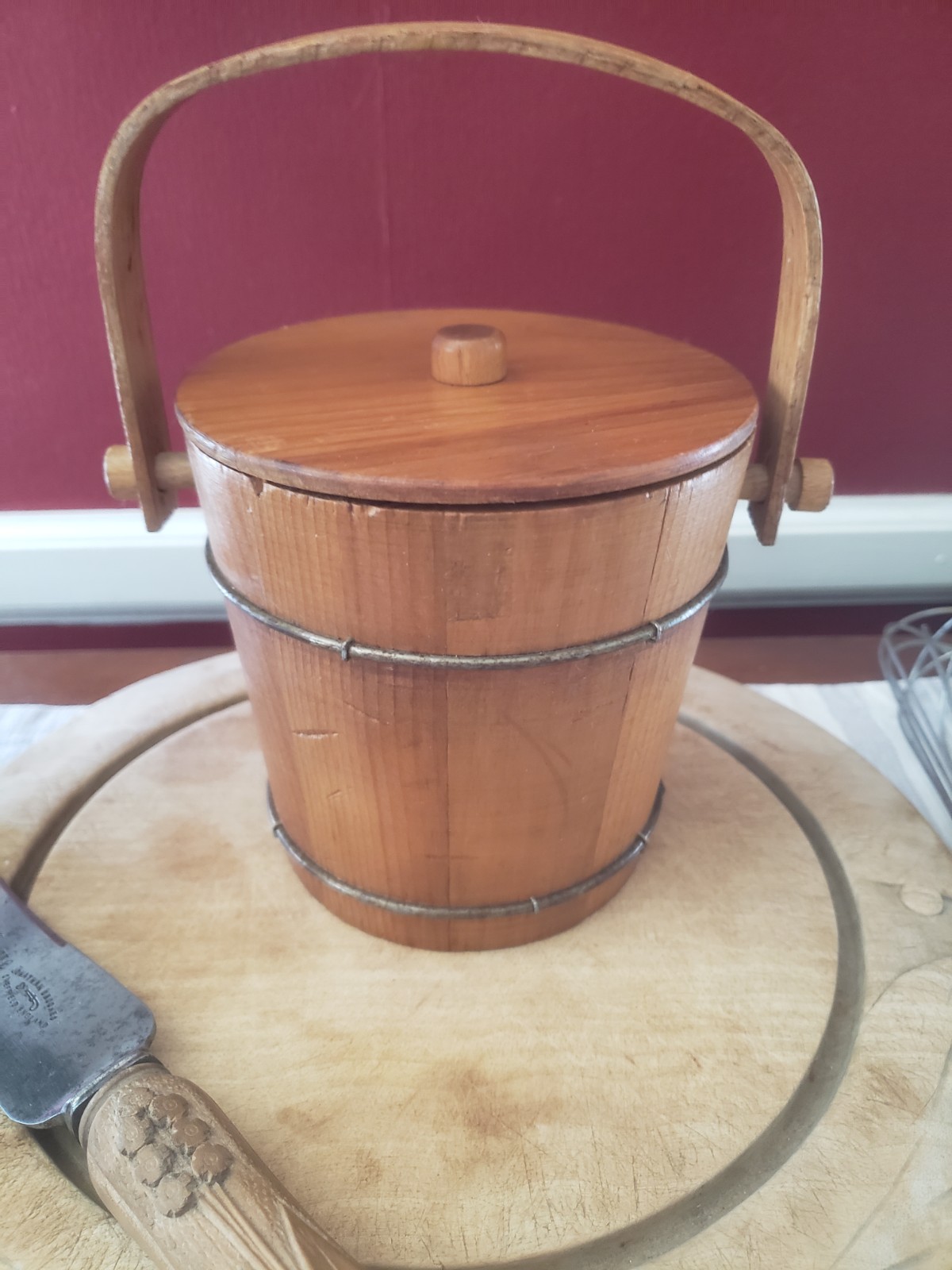 VINTAGE VERMONT MADE WOODEN STAVED BABY SIZE TOP OF STACK FIRKIN ONLY 5 INCHES!