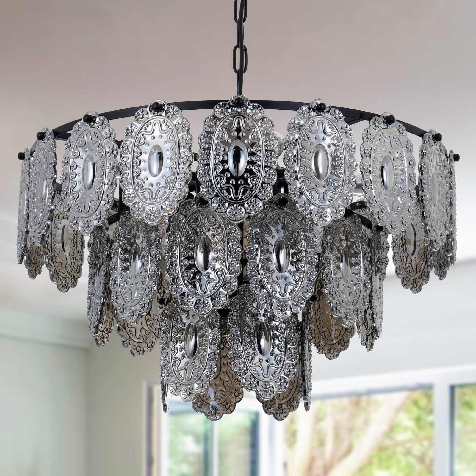 23.6″ Vintage Glass Shield Chandeliers 8-Light 3-Layer Gray Crystal Pendant Lamp