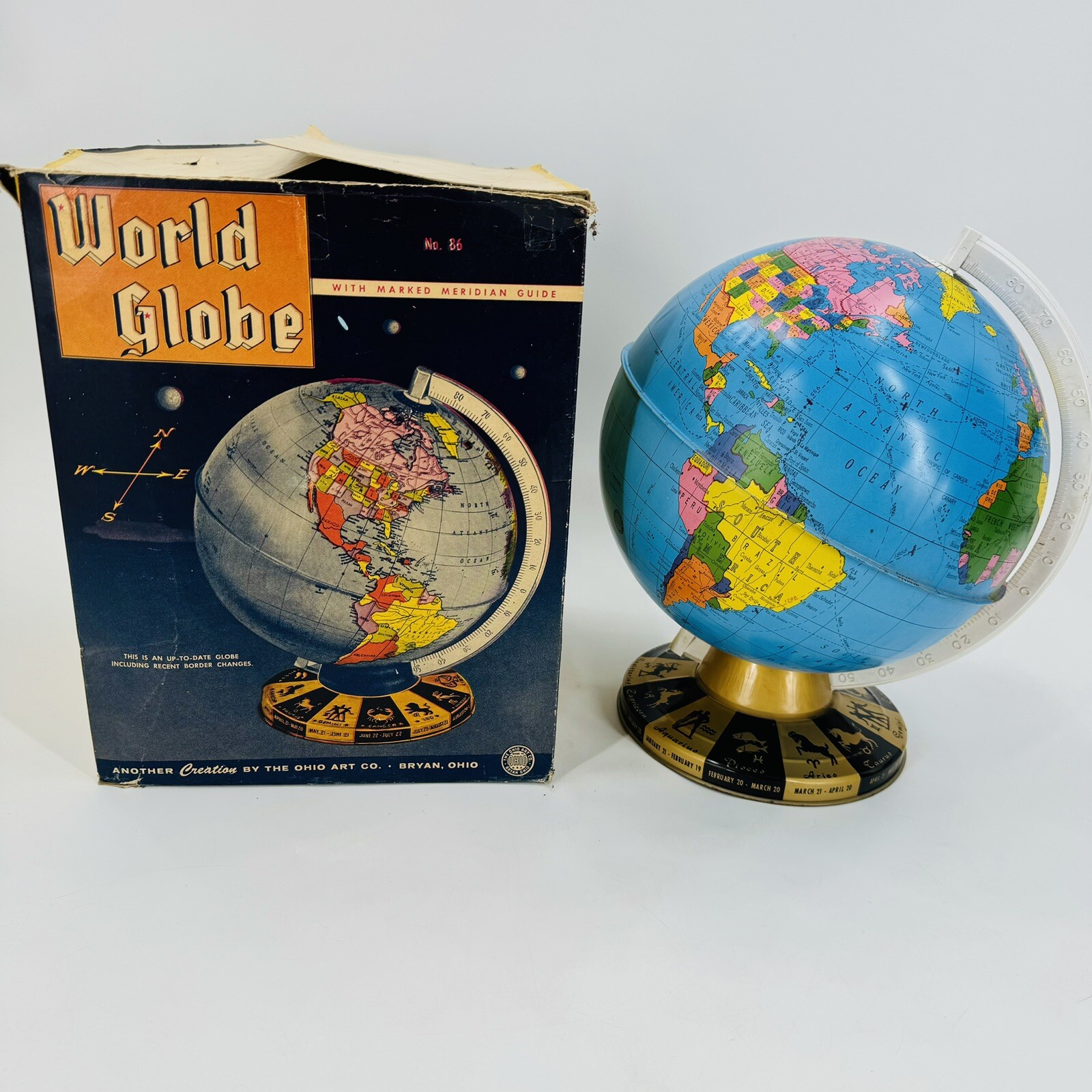 Vintage Ohio Art Tin Litho Metal World Globe Zodiac W Original Box Excellent