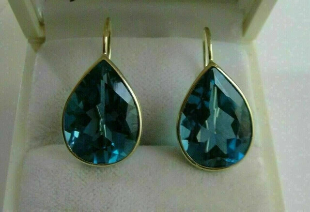 4Ct Pear Cut London Blue Topaz Dangle Drop Earrings 14K In Yellow Gold Finish