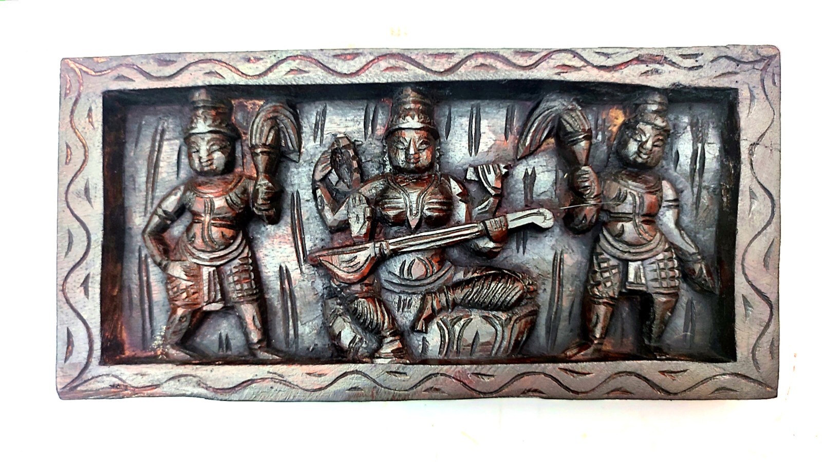 Hindu Goddess Saraswathi with two Demi Gods Wooden Finish Deep Hand Carved Panel