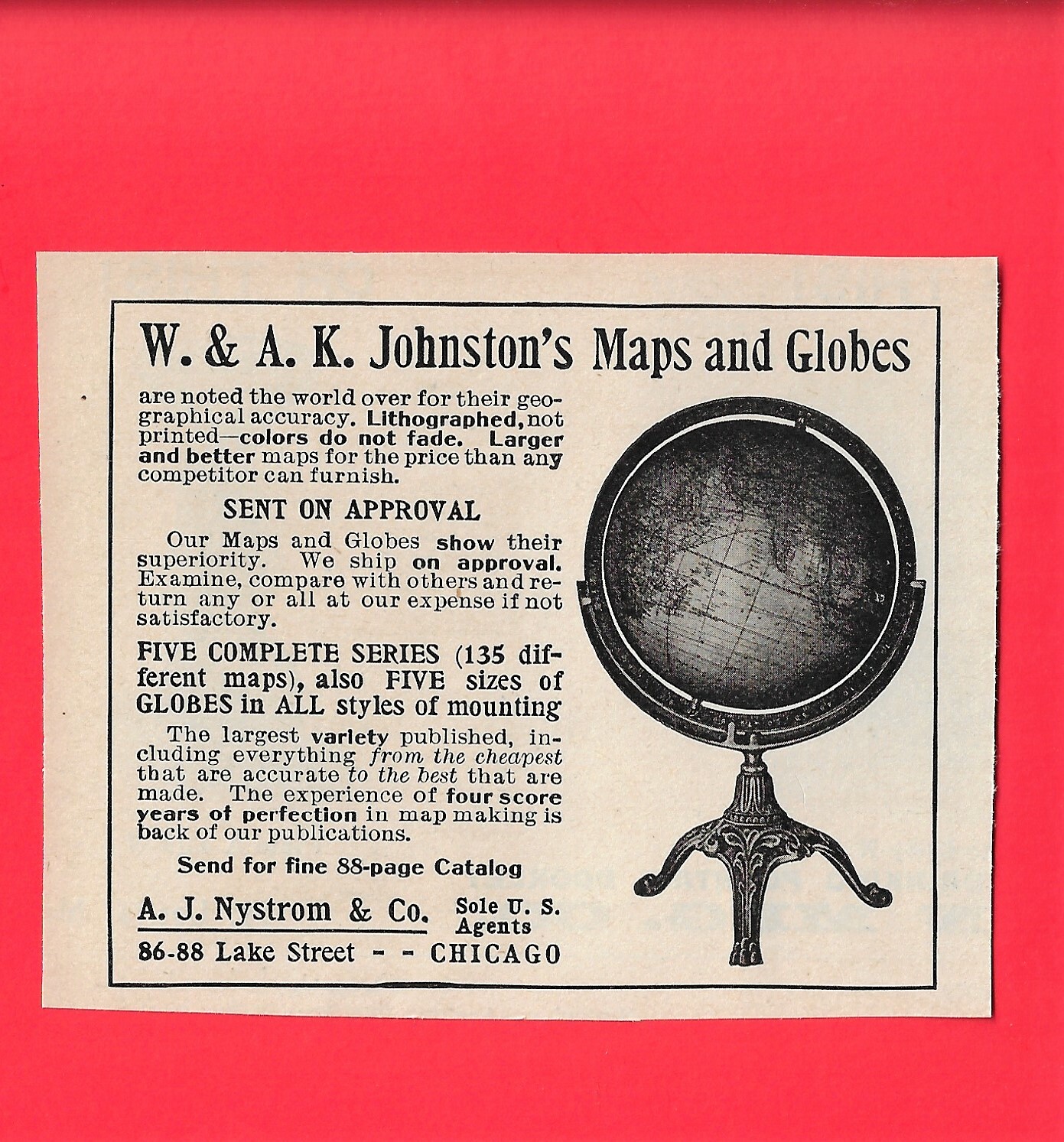 SMALL 1911 AD for JOHNSTON’S MAPS AND GLOBES ~ A.J. NYSTROM