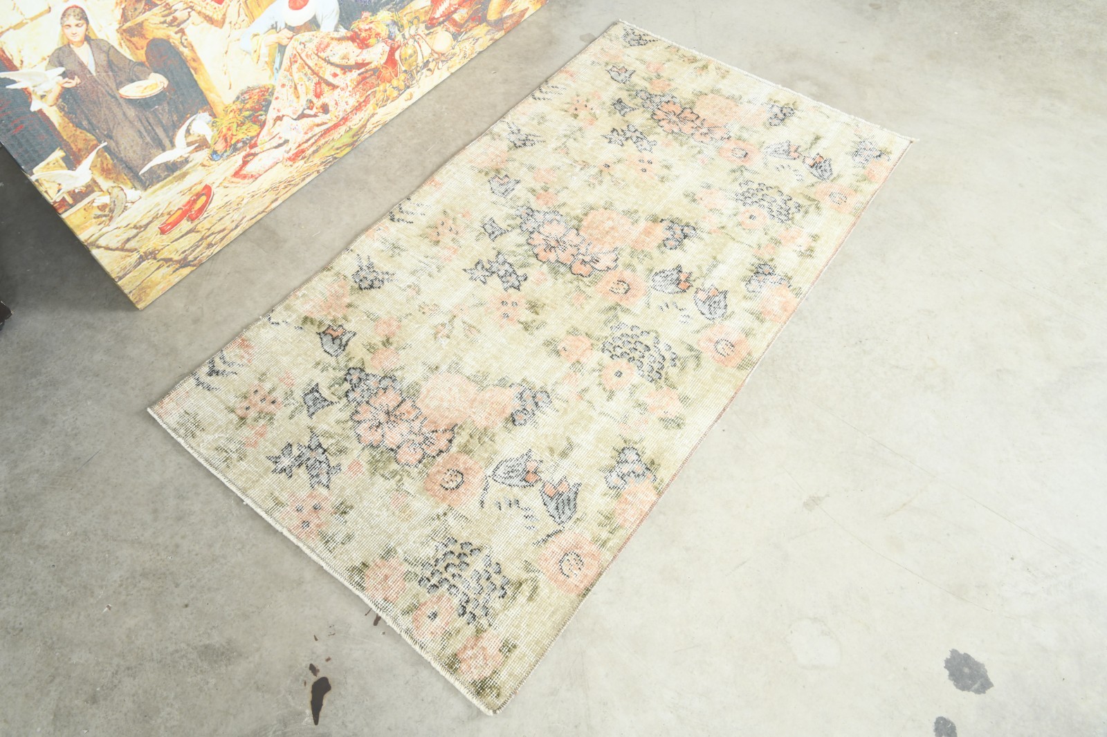 3×5 area rug handmade faded vintage turkish rug neutral oushak small carpet,1003