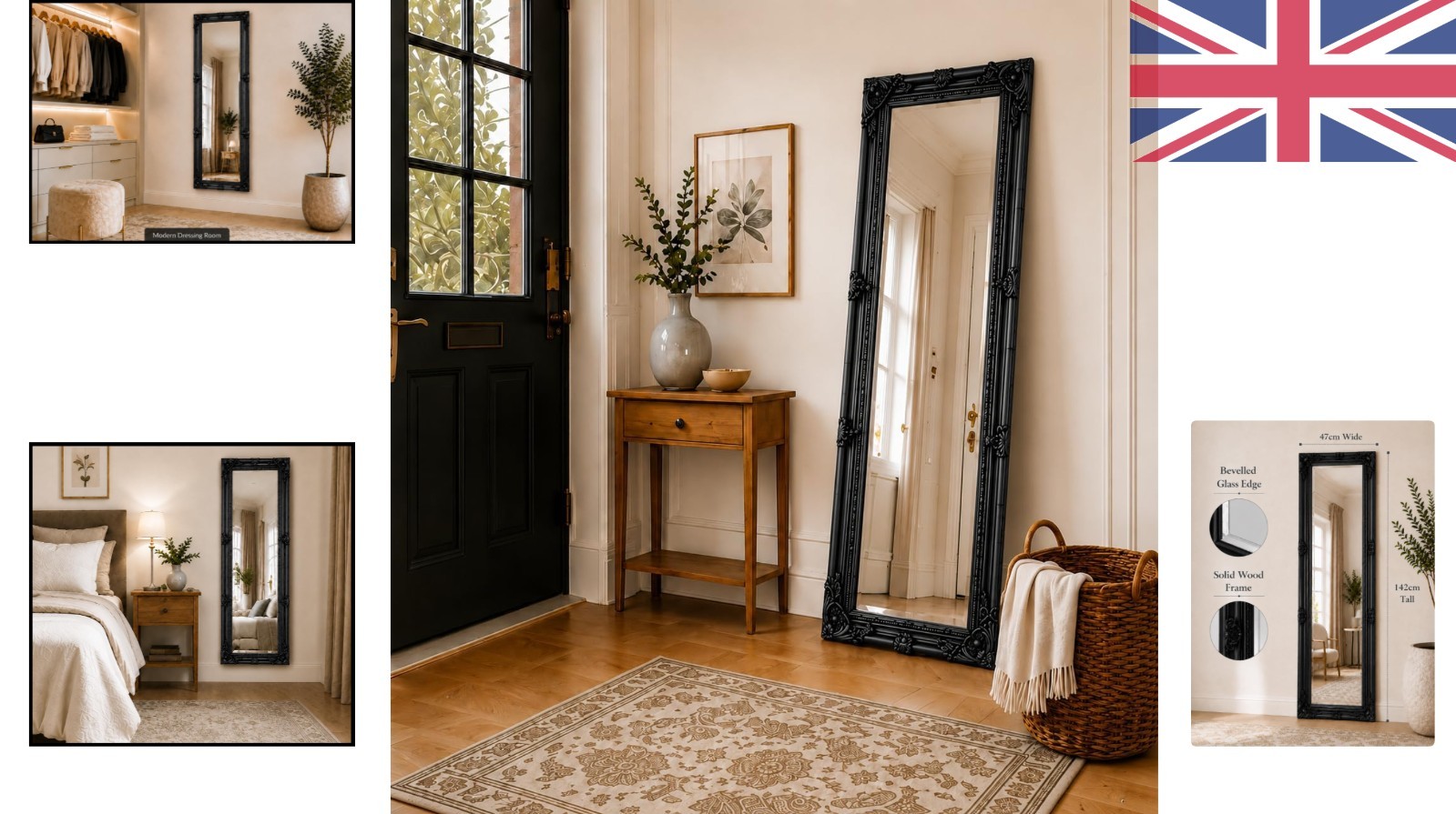 Statement Vintage Black Full Length Wall Mirror | Elegant 142cm x 47cm Design