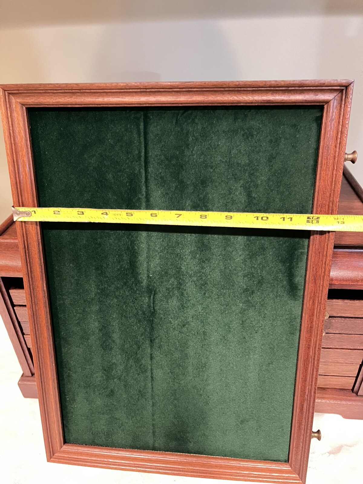 Mahogany Solid Wood Tabletop Chest 6 Drawers Velvet Green Lined Brass Knobs