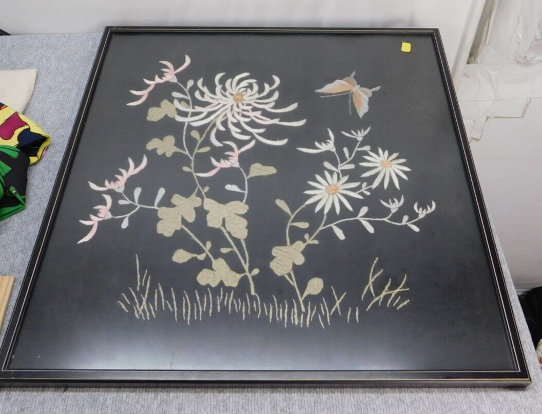 Antique Chinese Framed Embroidered Silk Floral Panel Chrysanthemum Prunus