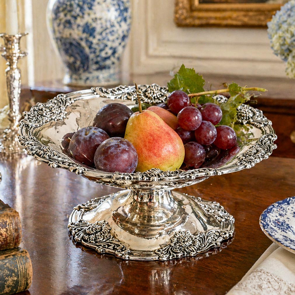 Elegant Sterling Silver Antique Tazza Pedestal Centerpiece Bowl Floral Repoussé