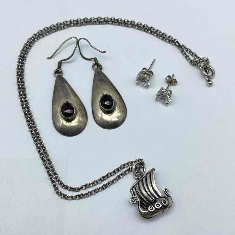 Sterling Silver 925 Viking Ship Necklace Tourmaline Topaz Earrings Jewelry Lot