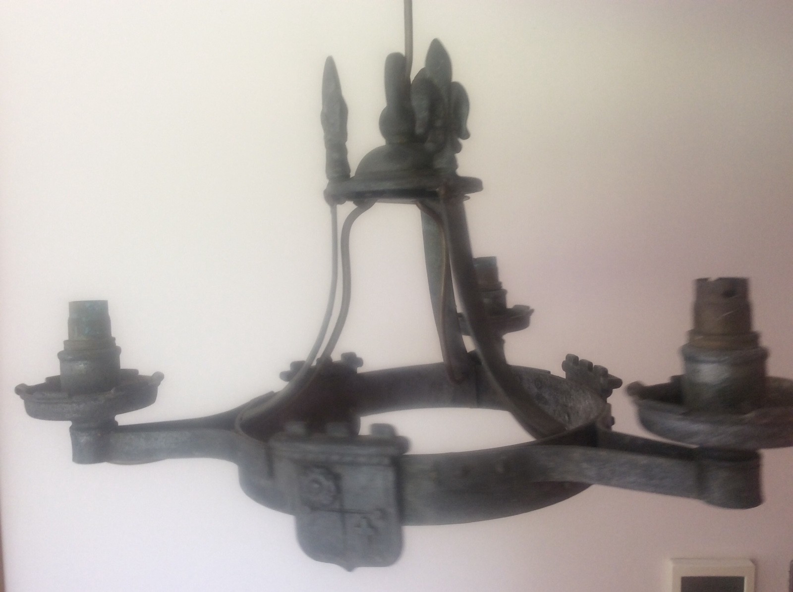Gothic Chandelier Ceiling Light c19th Antique Pewter Arts & Crafts Fleurs De Lys