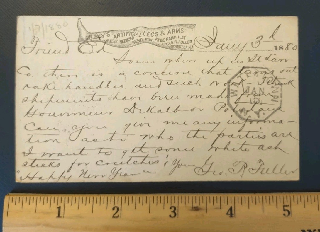 1880 Dr. Bly’s Artificial Legs & Arms Mailing Card Geo. Fuller Rochester NY PMC