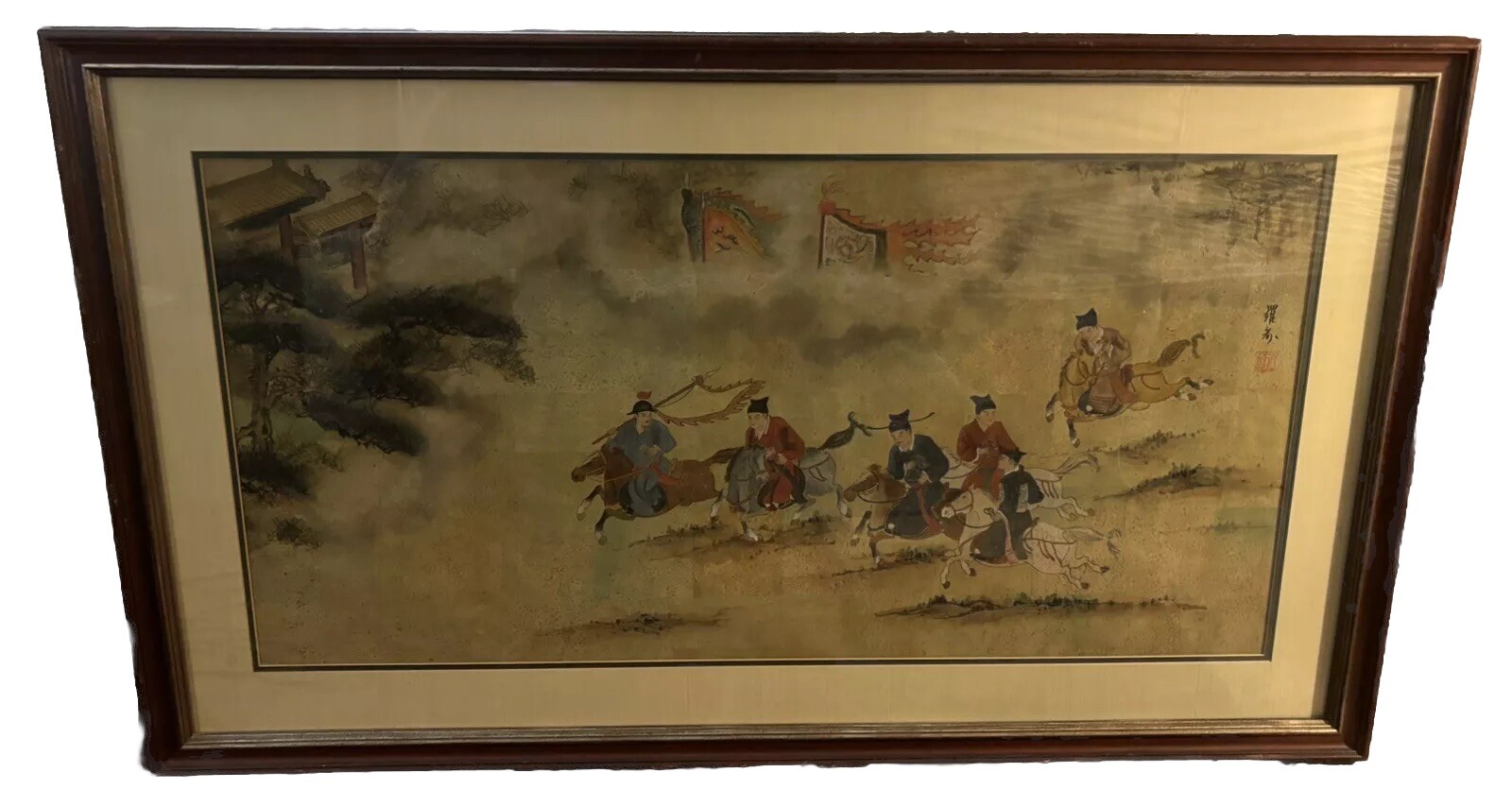 Chinese Republic Period Royal Riders Dynasty Painting Watercolor On Cork Signed
