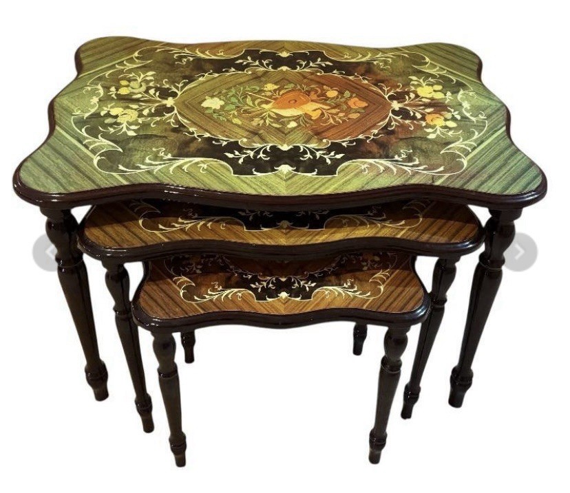3-Piece Nesting Tables – Inlaid Floral Marquetry, Dark Wood