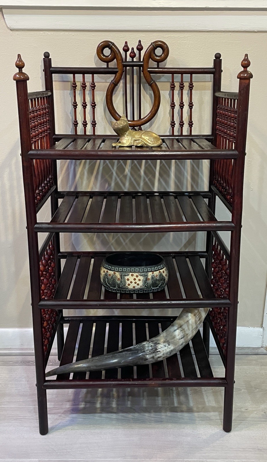 Vintage Brass 4-Tier Etagere Shelf Victorian Stick and Ball Lyre Plant Stand HTF