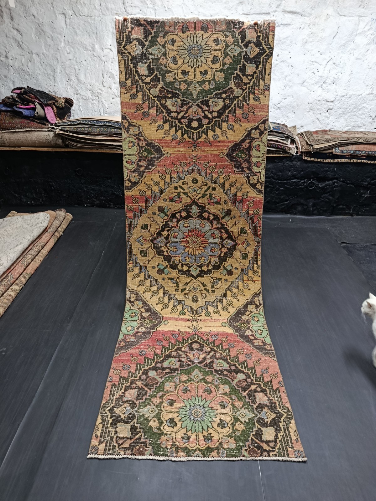 Vintage Multicolor Medallion Runner, 2.8×8.3ft, Antique Turkish Handmade Rug,