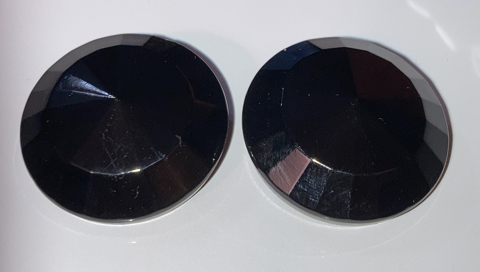 2 Antique Jet Black Glass Buttons Faceted Top & Edge Metal Birdcage Shank 7/8″