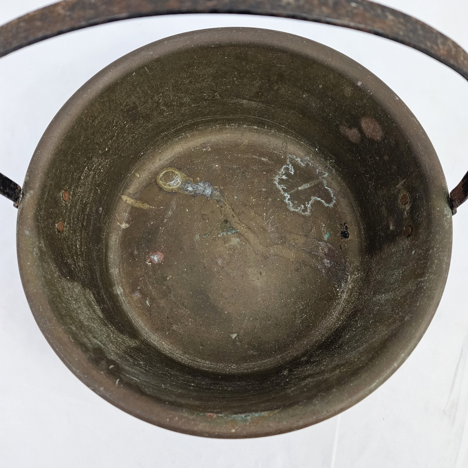 Antique Brass Bean Pot Cauldron Campfire Pan Copper Handle Forged Primitive