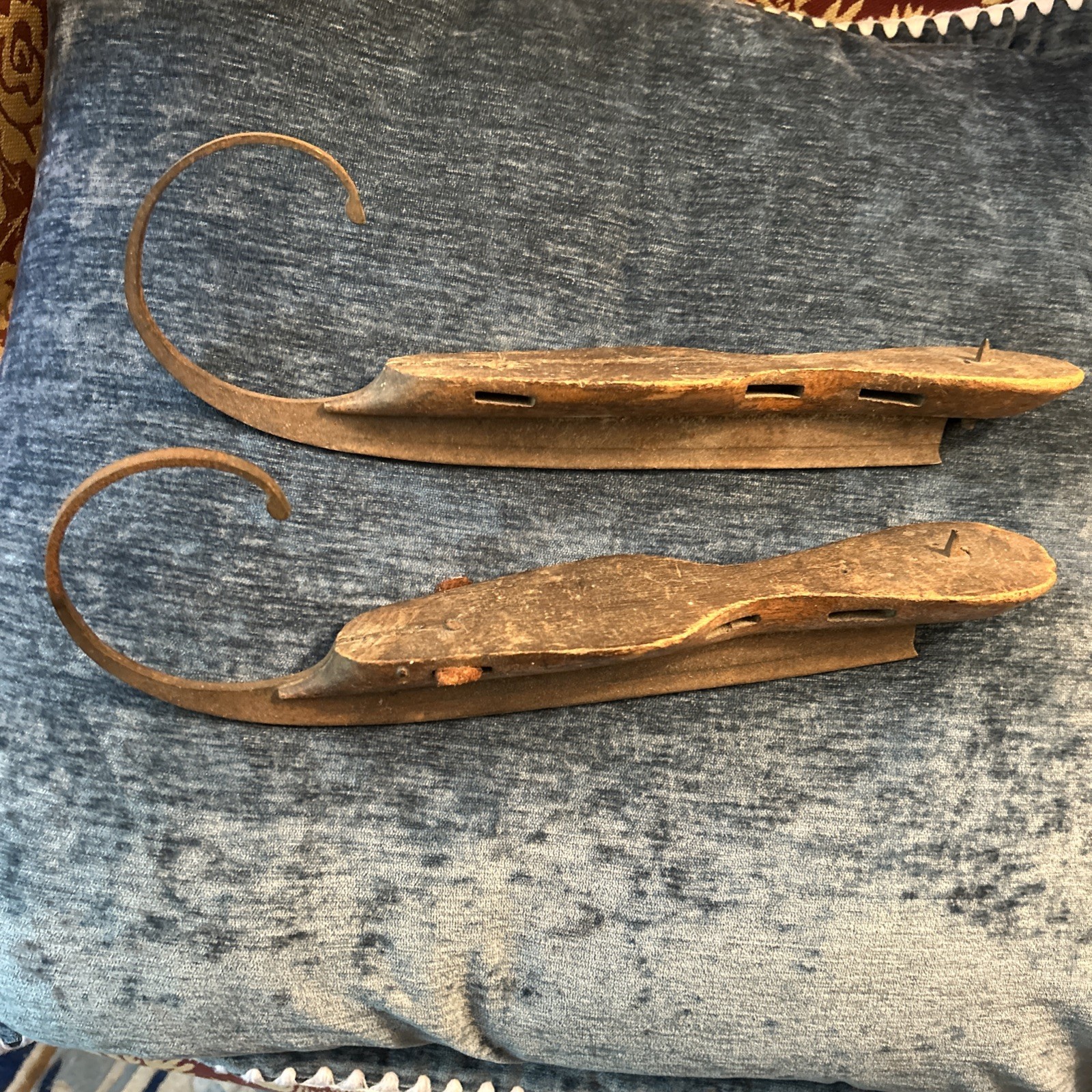 Early Original Primitive Antique High Curl Wood Ice Skates Pair