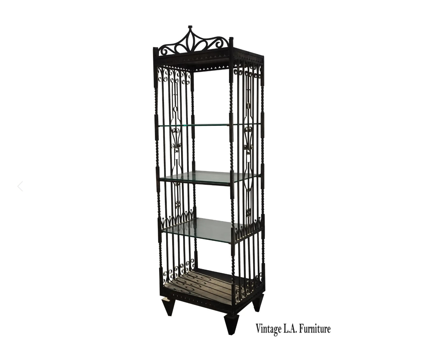Vintage Renaissance Spainish Style Iron Twist Etagere Bookcase w Ornate Sides