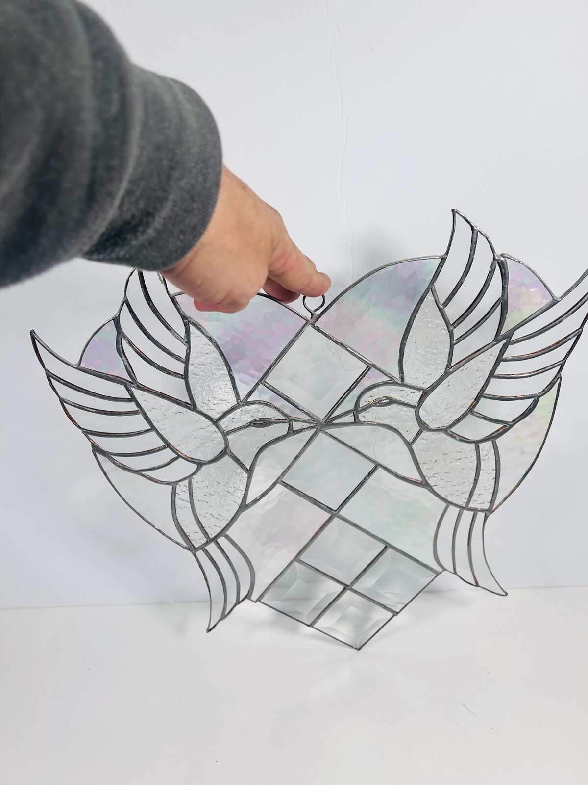 Stained Glass heart Clear, Pink And Green Hummingbirds Read Description