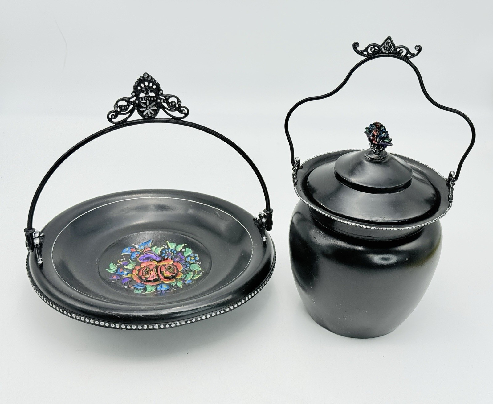 Antique Quadruple Plate Toleware Cracker Jar & Bowl Plate Set Black Floral Décor