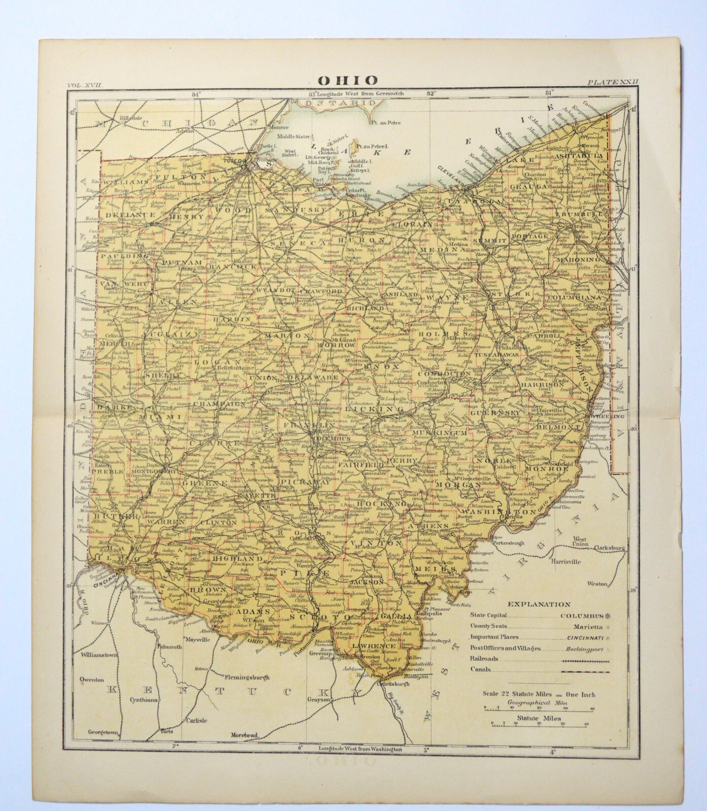 Antique Engraved OHIO – Railroads – Canals – Post Offices – 1884