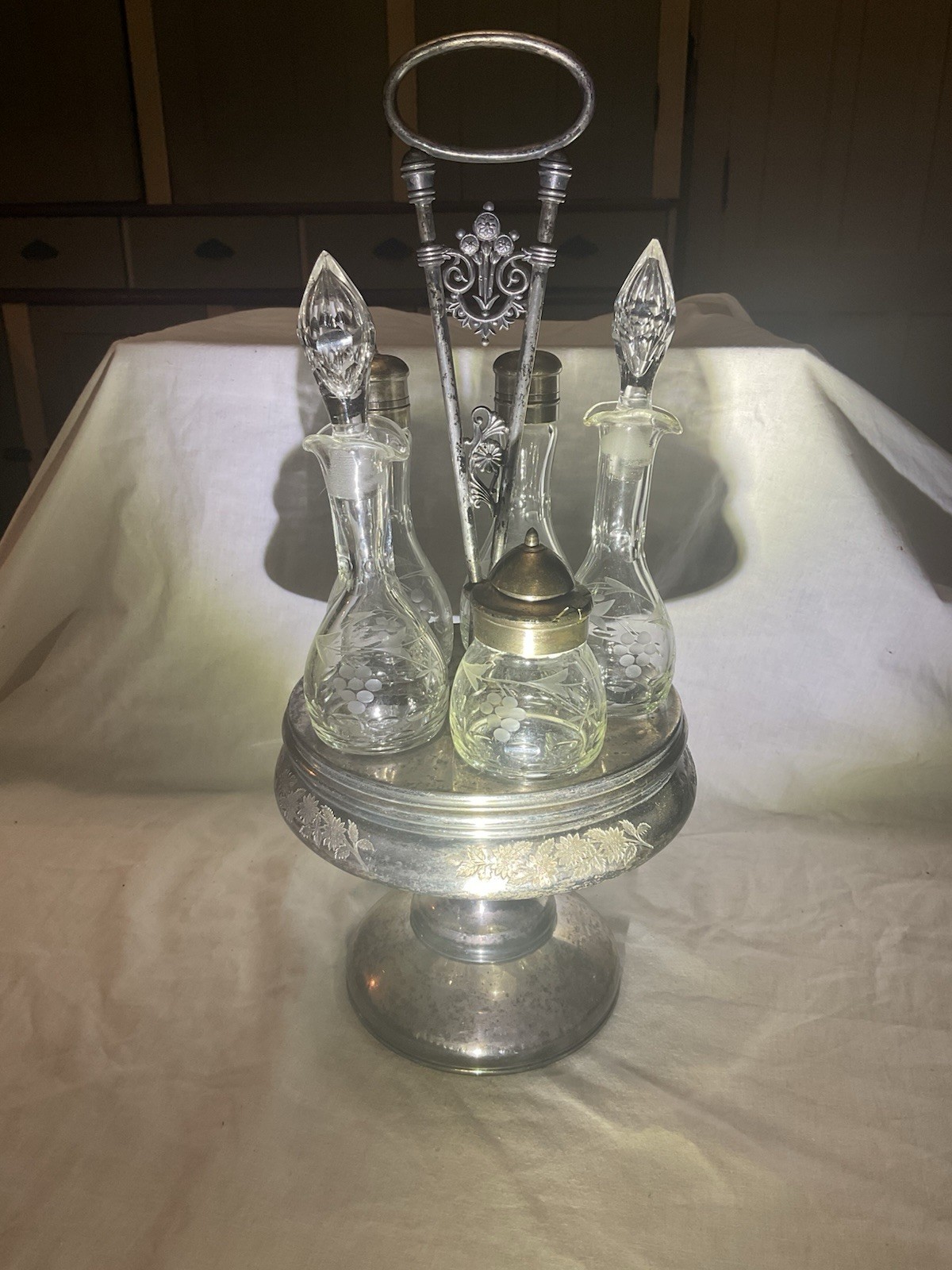 Antique Silverplate Meriden Cruet Condiment Server Tray bottles