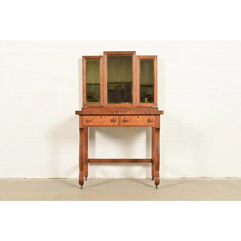Antique American Empire Tiger Oak Vanity Dressing Table With Mirror, Circa 1900