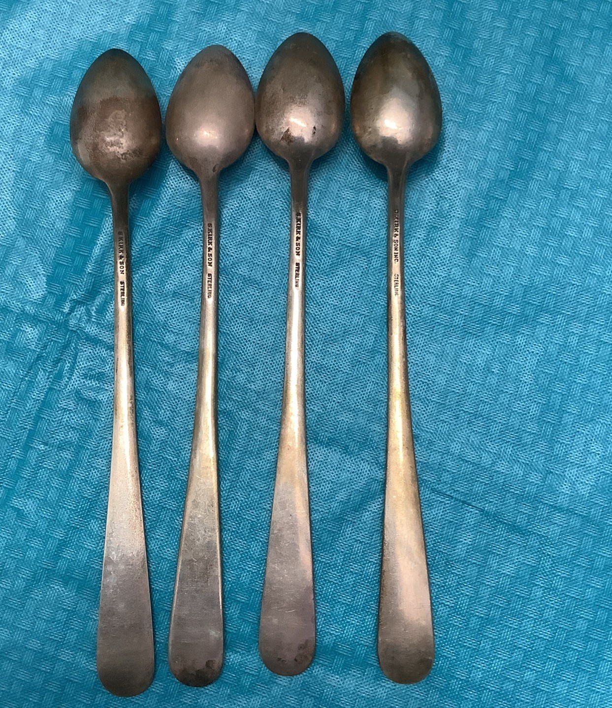 S. Kirk&Son Repousse Sterling Silver Iced Tea Spoons Set of 4 7.5” 150g No Mono
