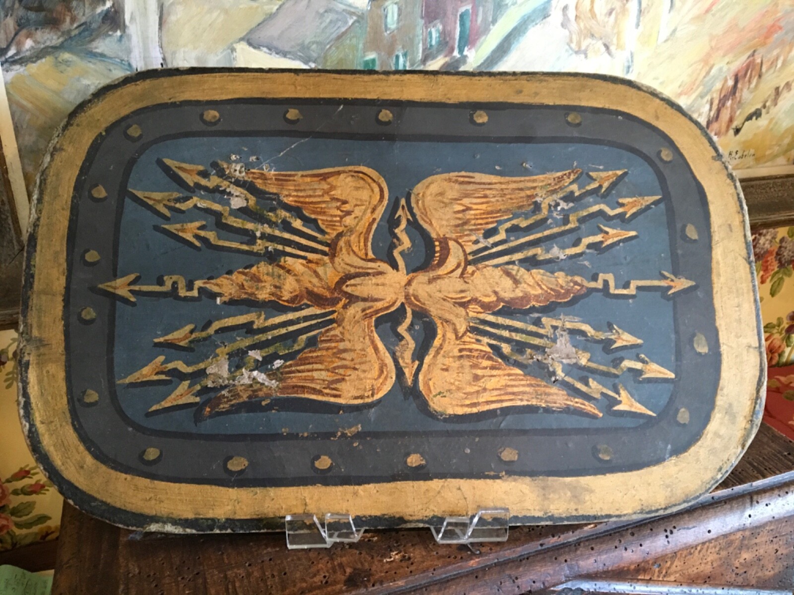 Antique French Hand Painted Wood Shield Prop School Play