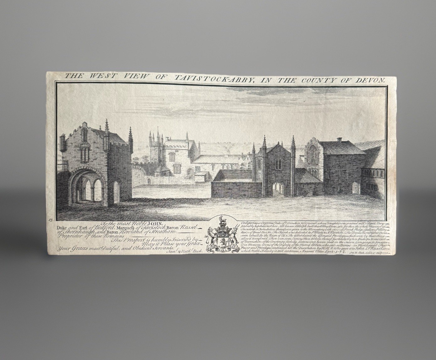 Antique Engraving of Tavistock Abbey, Devon, Buck’s Antiquities, C1730