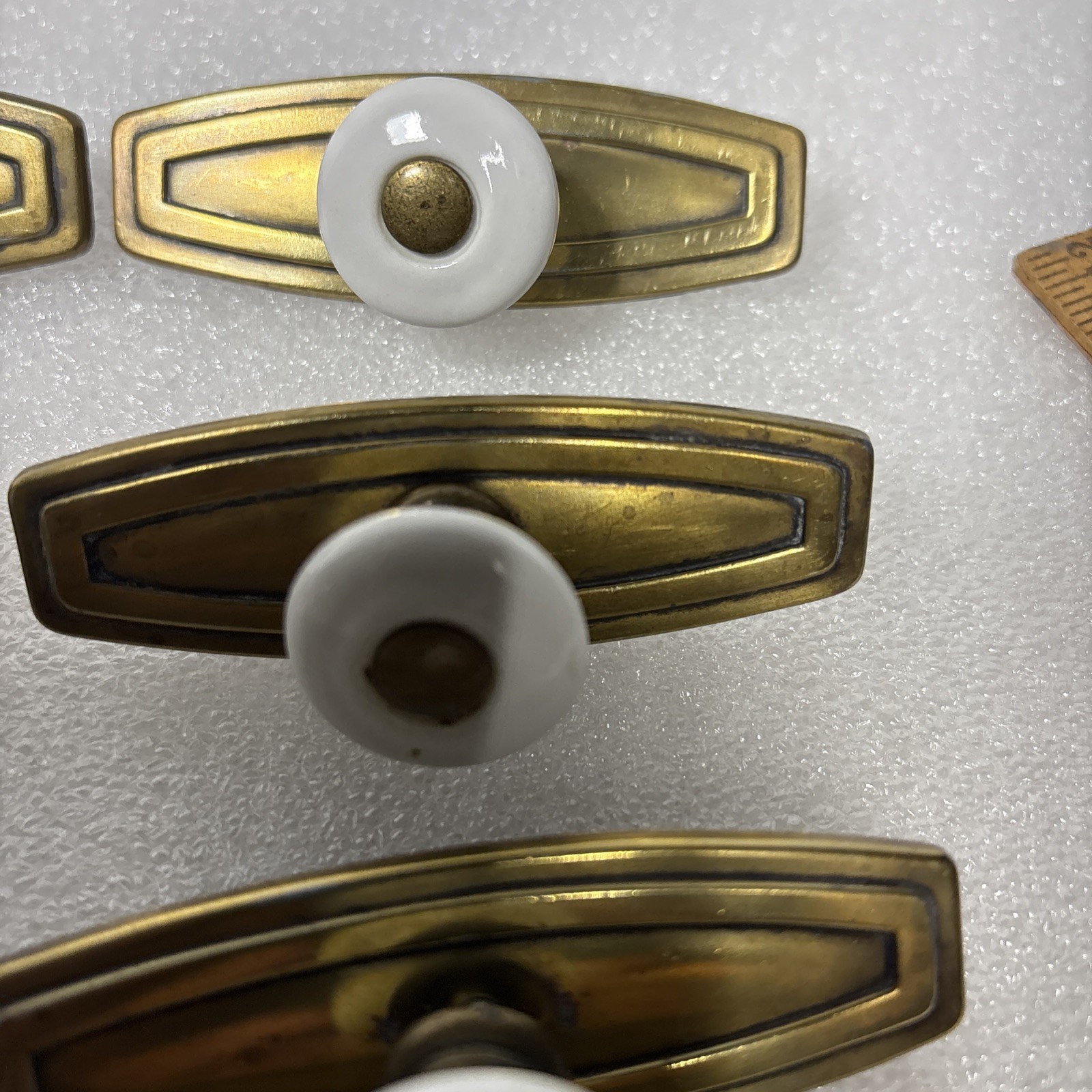 12 Twelve Brass Plate White Ceramic Knob Draw Pulls Center Screws 3.25”