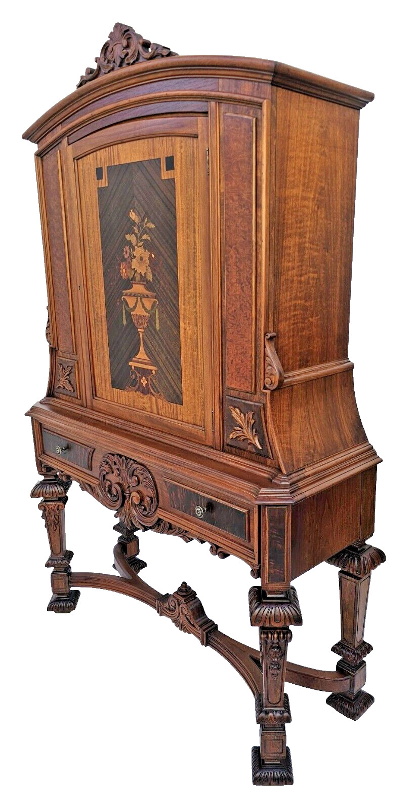 Antique 1920s Rockford Carved Walnut w/ Marquetry Bar or China Cabinet Hutch
