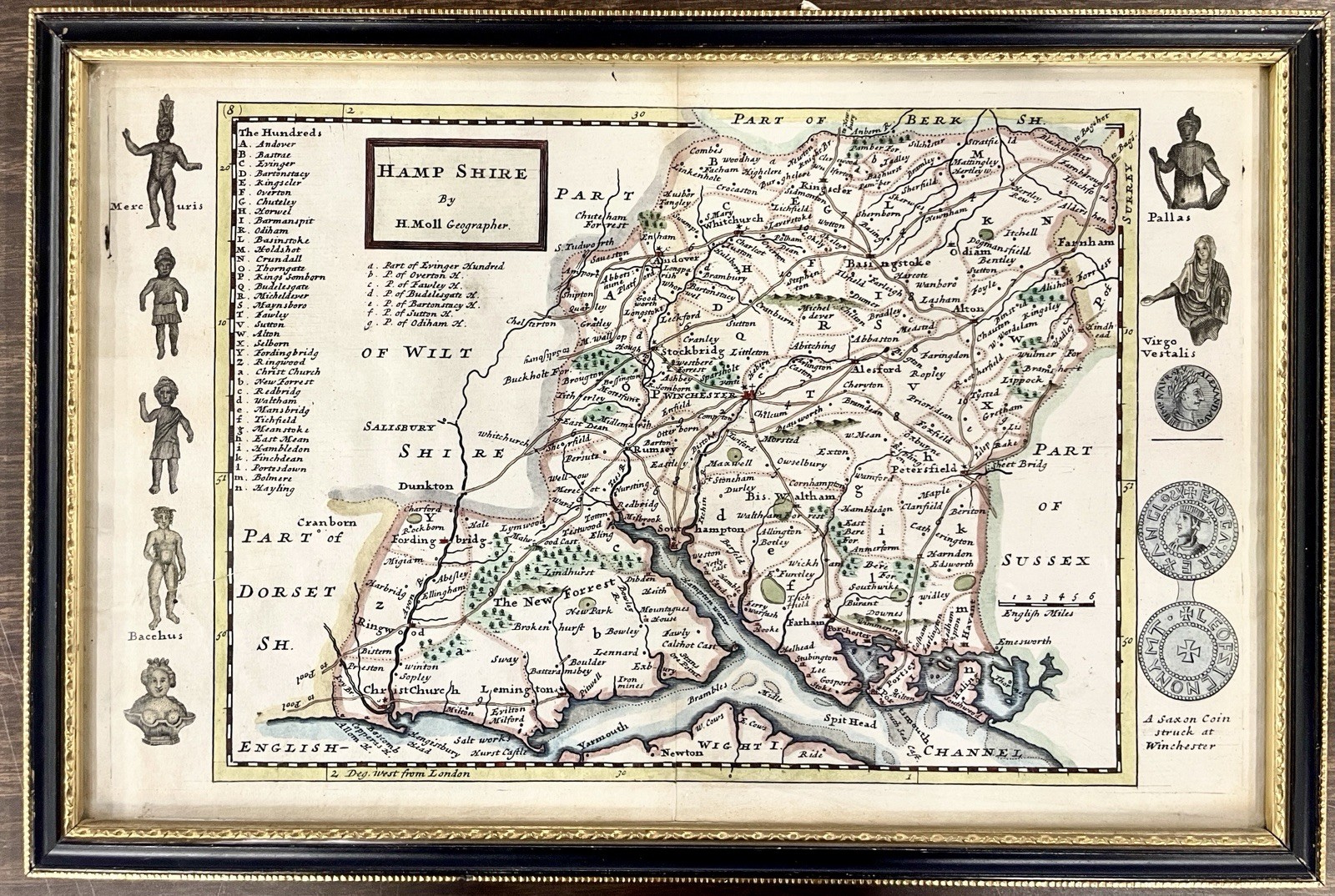 Original 1724 “Hamp Shire” Map by H. Moll, Hand Colored