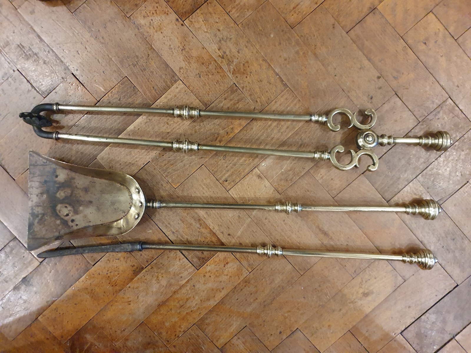 Antique Victorian brass fire tool Poker Tongs Shovel 72cm original companion set