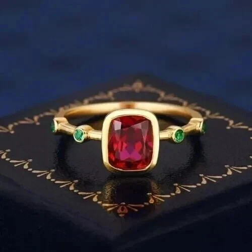 2Ct Cushion Cut Lab Created Ruby & Emerald Wedding Ring 14K Yellow Gold Plated