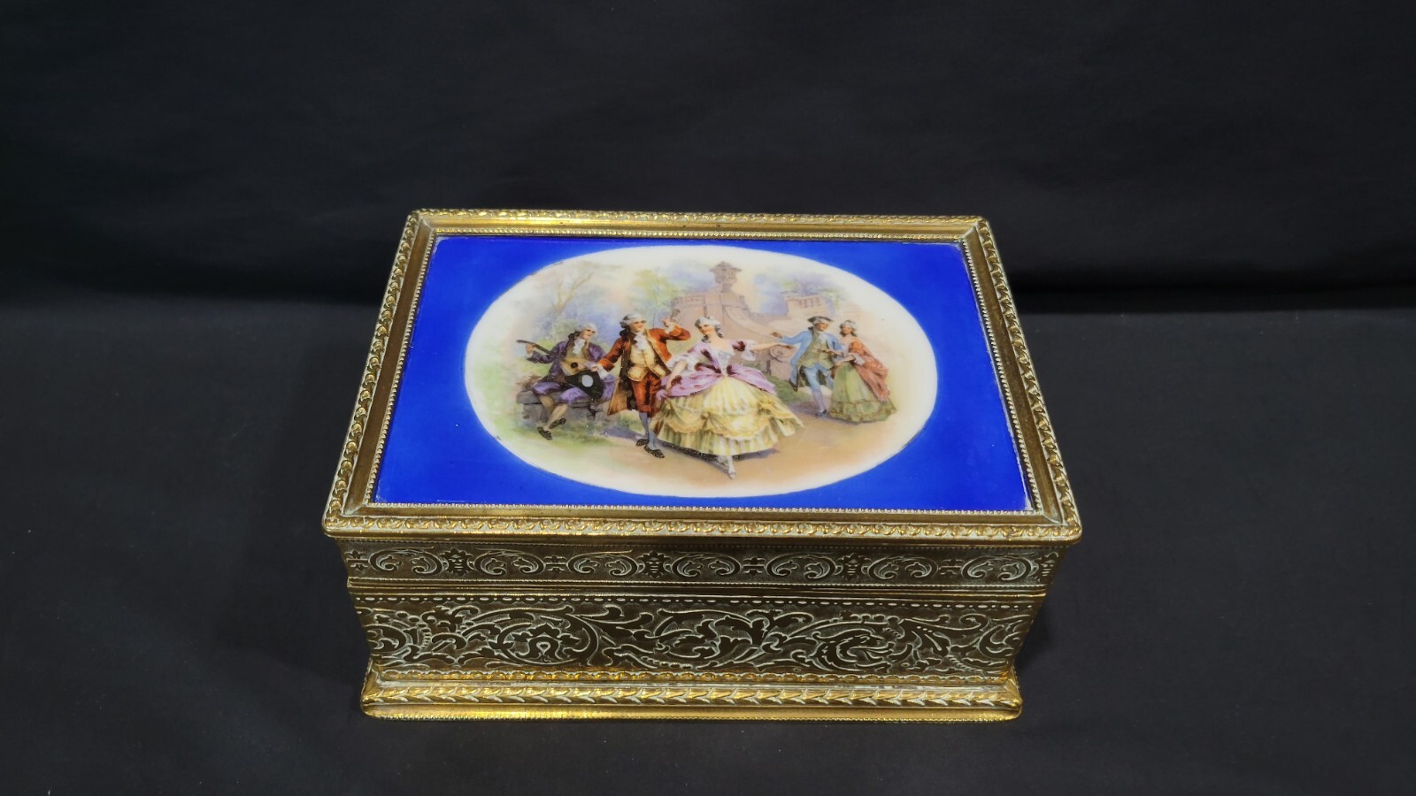 Antique German Brass & Porcelain Jewelry or Desk Box, 6 1/2″ x 4 1/2″ x 2 7/8″