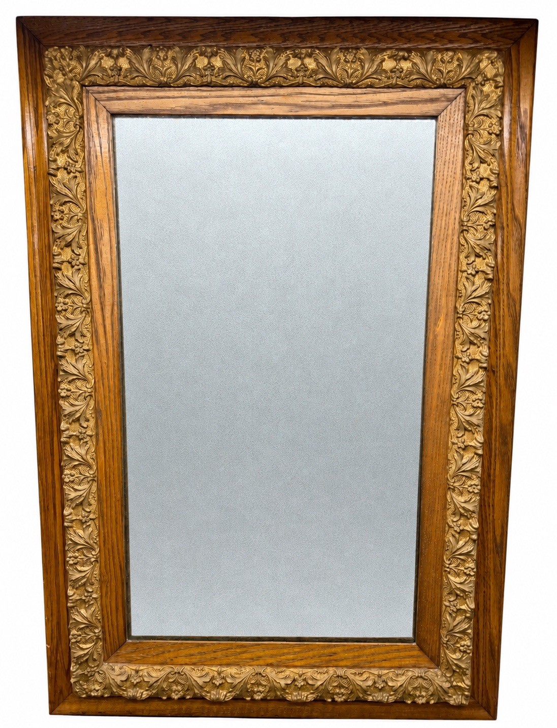 Antique Ornate Oak Wall Mirror 31×21 Gold Gilt Gesso Floral Relief Frame Foxing