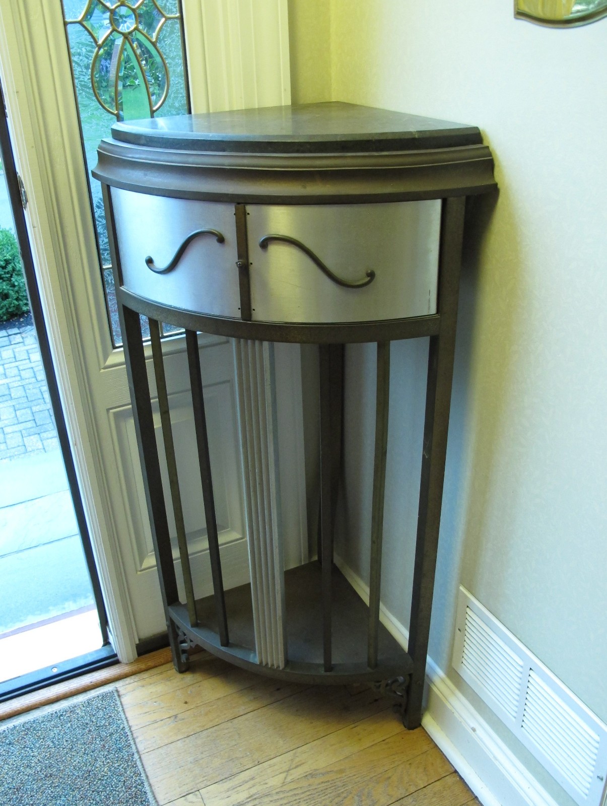 antique brass or bronze corner table pedestal – slate (or stone ?) top