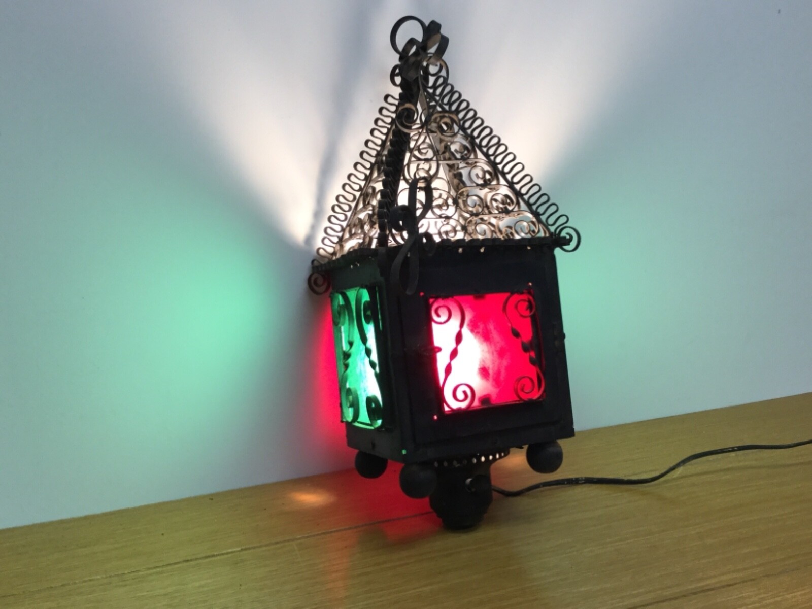 Unique Antique Architectural 4 Panel Metal & Colored Glass Ornate Hanging Light