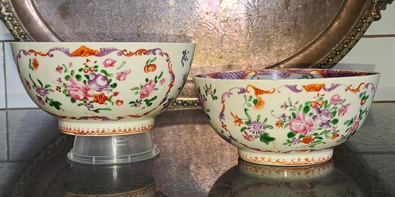 Near Pair of Beautiful 18th C Chinese Famille Rose Porcelain Bowls C 1740+