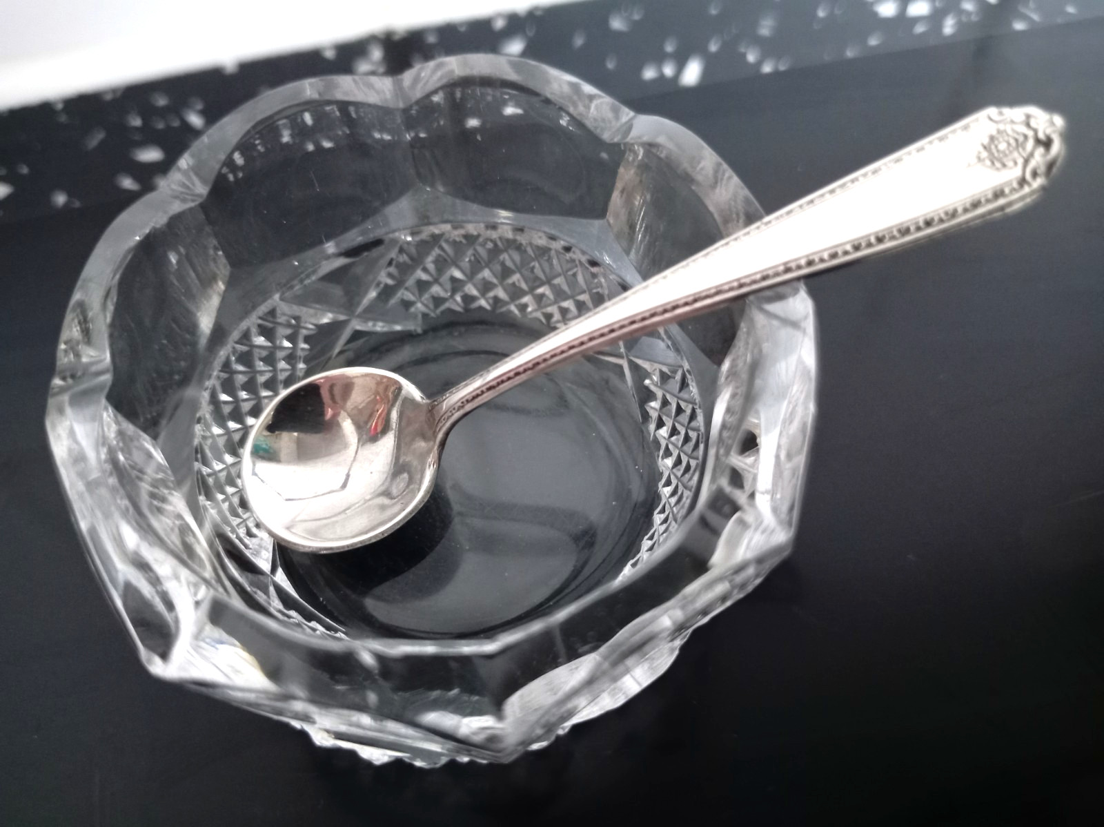 Perfect Westmorland 6 cms solid silver spoon & perfect cut glass salt dish