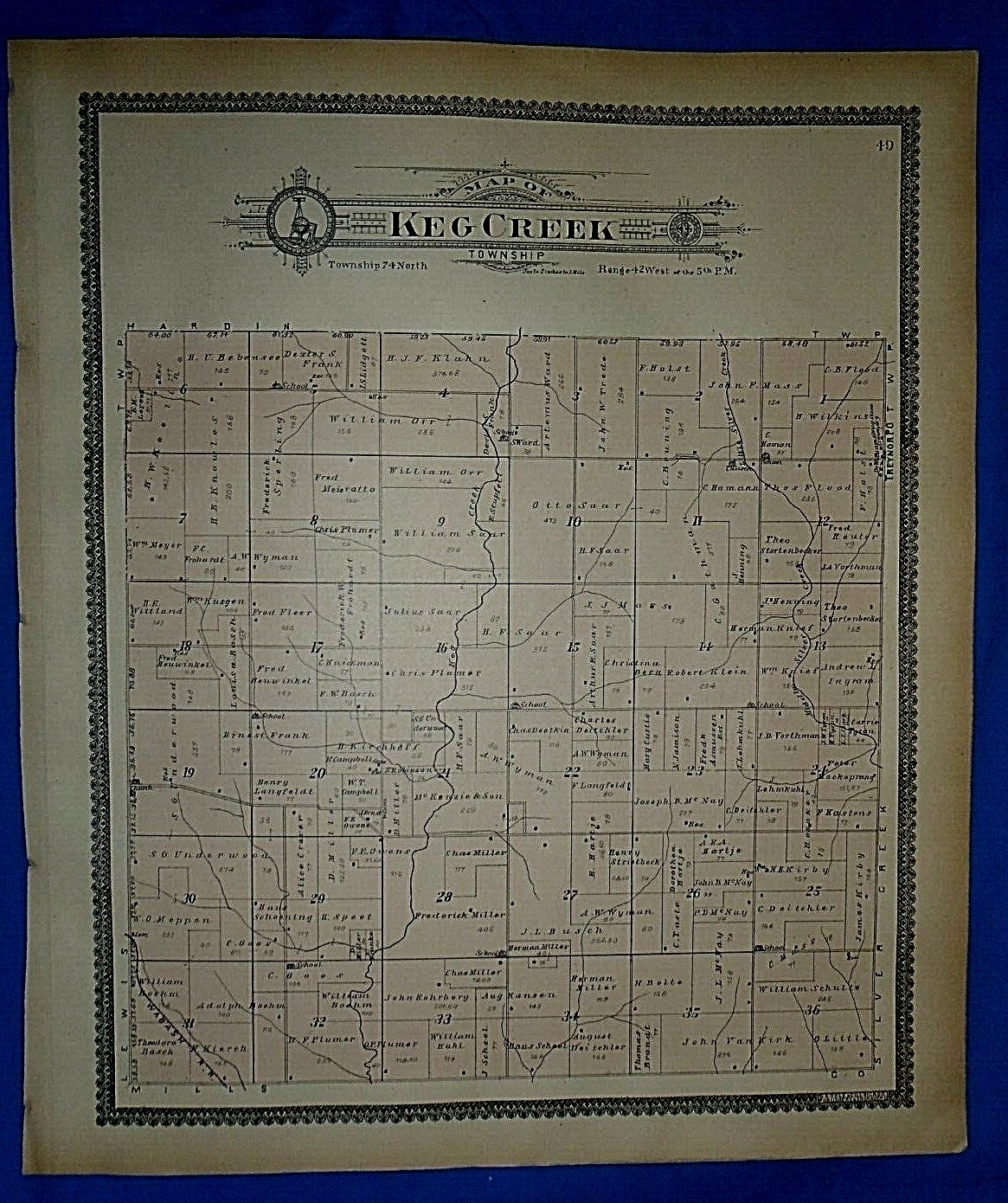 Vintage 1902 Plat Map KEG CREEK Twp. POTTAWATTAMIE Co. IOWA ~ Ancestry Genealogy