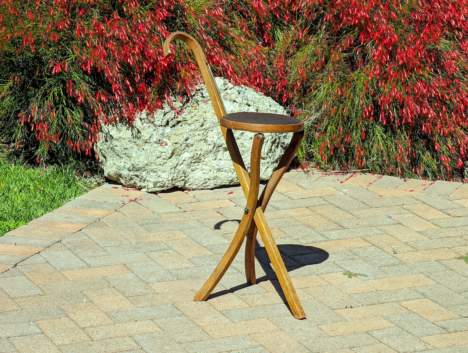 Vintage Folding Cane Seat Stool Wooden Walking Stick Chair Curved Handle
