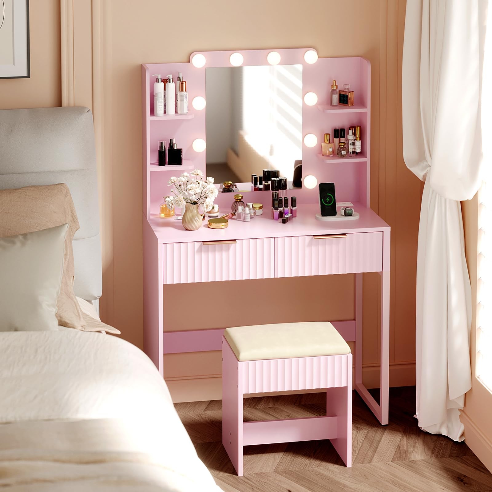 VINGLI Fluted Makeup Vanity Desk with Mirror & Lights & Power 33in, Pink