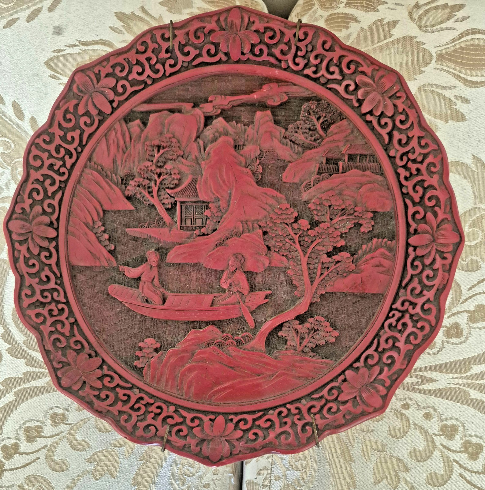 Chinese 9.5″ Red Cinnabar Lacquer Plate Hand Carved Raised Enamel Scenic Boat!