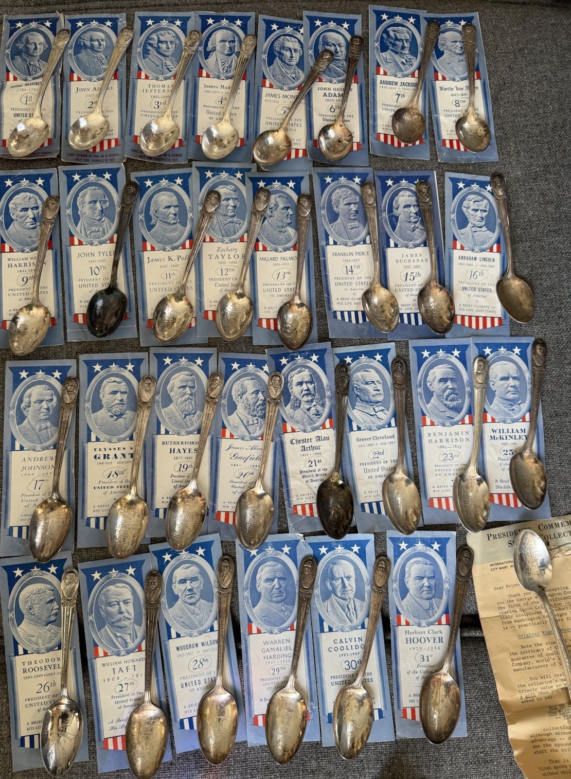 Silver Plated WM. Rogers Presidential Spoons w/ Paperwork & Info Cards 31pc Set